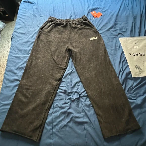 YoungLA Black Acid Wash Joggers with White Logo - Picture 1 of 4